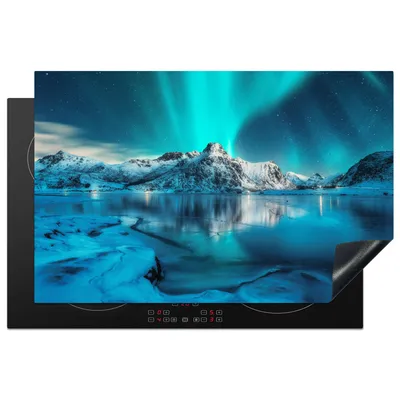 Produktbild von KitchenYeah© Herdabdeckplatte Nordlicht - Eis - Schnee - Norwegen - Blau - Berge , 81x52cm, Küche Deko, Glaskeramikkochfeld Herdabdeckung, Abdeckplatte fùr Kochfeld