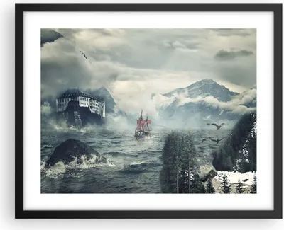 Produktbild von Gerahmtes Poster - Schwarzer Rahmen - Sturm Berge Segelschiff - 50x40 cm - Wand Bild - Wanddeko - Wandbilder - Wandposter - Bilderrahmen - Bilder - Kunstdruck - Wandbild - P2BAA50x40-4208
