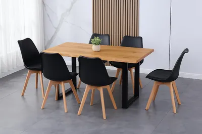 Produktbild von 7 TLG. Essgruppe Josy | Esstisch mit 6 Stühlen | 220x100 cm mit Baumkante | Holz Wildeiche-Optik | 40 mm Platte | U-Gestell Schwarz | 6X Schalenstuhl Schwarz + Buche-Gestell