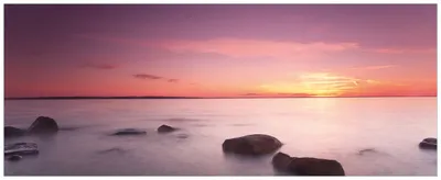 Produktbild von Wallario Premium Glasbild, freischwebende Optik, kräftige Farben, Größe 80 x 32 cm Motiv Nebel am See bei Sonnenuntergang