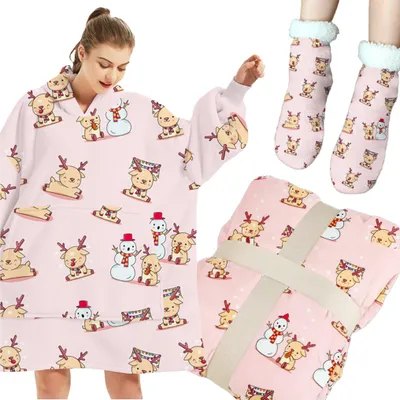 Zdjęcie produktu dla Koc Bluza Oversize Gruba Kocobluza Z Kapturem Święta Futrzak Xxl + Skarpety
