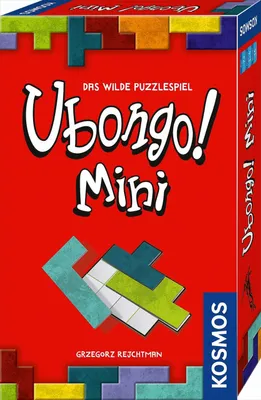 The image shows the front and side of a board game box for Ubongo! Mini.