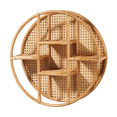 Produktbild von Kobolo Hängeregal VIENNA rund 60cm aus Rattan mit Wiener Geflecht 4 Ablagen - Wandregal zum aufhängen Wohnzimmer Flur Boho Regal hängend Holz Pflanzen