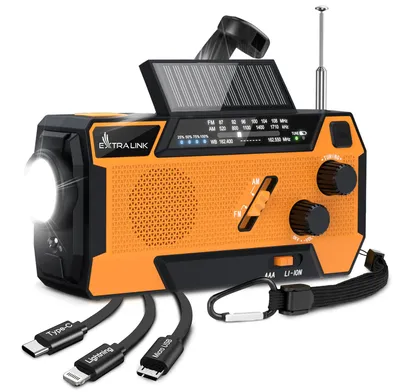 Image de Radio d'urgence Extralink à énergie solaire et à manivelle, 4000 mAh, batterie externe, LED