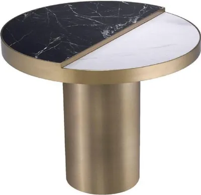 Produktbild von Casa Padrino Luxus Beistelltisch Schwarz / Weiß / Messingfarben Ø 55 x H. 55,5 cm - Runder Edelstahl Tisch mit 2 halbrunden Keramikplatten - Wohnzimmer Möbel - Luxus Möbel