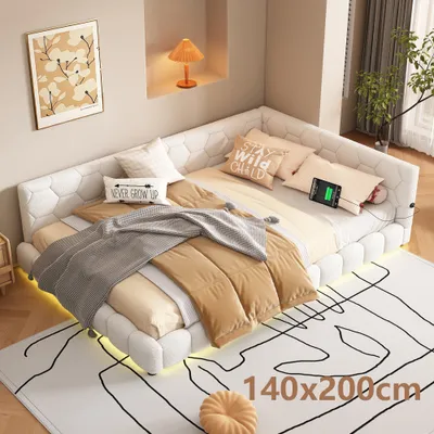 Image de AIORBER Canapé-lit, 140x200cm, Day-lit avec sommier à lattes (sans matelas), 16 couleurs de lumière ambiante, connexion USB, type C, pour appartements et chambres d'hôtes, blanc