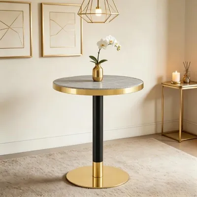 Obrázek produktu pro okwish Kulatý odkládací stolek s deskou v mramorovém vzhledu, konferenční stolek s kulatou nohou, do obývacího pokoje nebo na balkon, šedá + zlatá