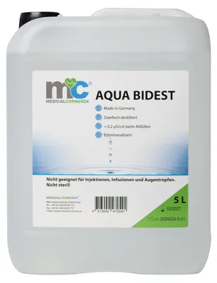 Produktbild von Bidestilliertes Wasser AQUA BIDEST, Laborwasser Reinst-Wasser, 5 Liter