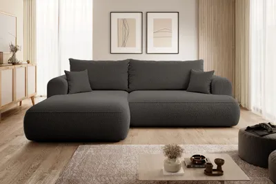 Produktbild von Selsey Ecksofa Ovo mit Schlaffunktion, Bettkasten, Ottomane links, Boucle-Bezug in Dunkelgrau