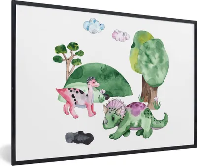 Produktbild von MuchoWow® Gerahmtes Poster Kinderzimmer - Zeichnung - Dinosaurier - Jungen - Mädchen - Kinder 90x60 cm - Poster mit Schwarzem Bilderrahmen Wandposter Rahmen Foto Bilder - Fotorahmen - Foto-Plakat