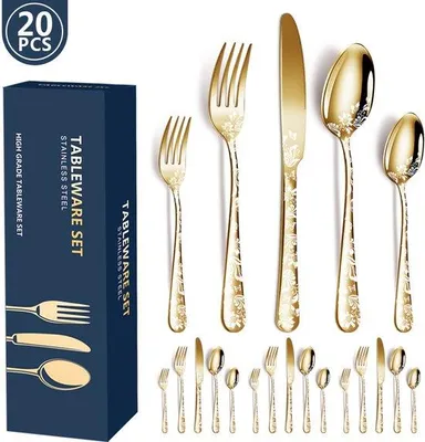 Produktbild von Geschirrset aus Edelstahl 20-teilig - 4-Personen-Set - Gabelset in Gold - Edelstahl - Gold