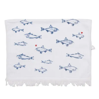 Produktbild von Clayre & Eef Gästehandtuch 40x66 cm Weiß Blau Baumwolle Fische