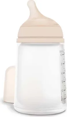 A close-up studio shot of a baby bottle.