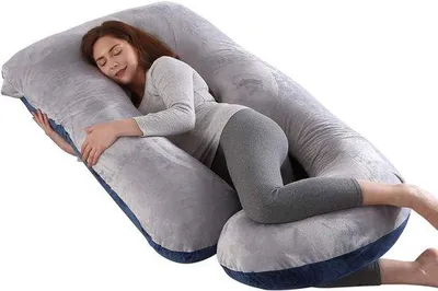 Immagine prodotto di Cuscino per il parto a forma di J, 145 x 70 cm, con fodera rimovibile e lavabile - Grigio + blu, velluto nero