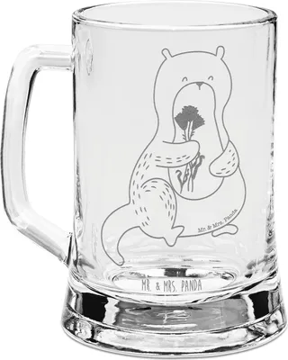 Produktbild von Mr. & Mrs. Panda Krug Otter Blumenstrauß - Transparent - Geschenk, Gravur Bierkrug, Seeotter See, Humpen, Niedlich, Seidel, Glasbierkrug, Süß, Glaskrug