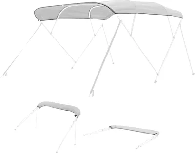 Three different views of a boat canopy frame with a gray fabric cover.