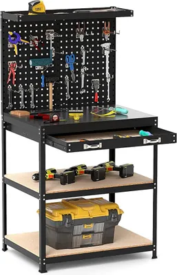 Image de Table de travail 81 x 41 cm, capacité de charge de 225 kg. Table de travail avec panneau perforé, tiroirs, étagères et 20 crochets. Table de travail, établi pour la maison, le garage ou l'atelier (81x41x156 cm, noir)