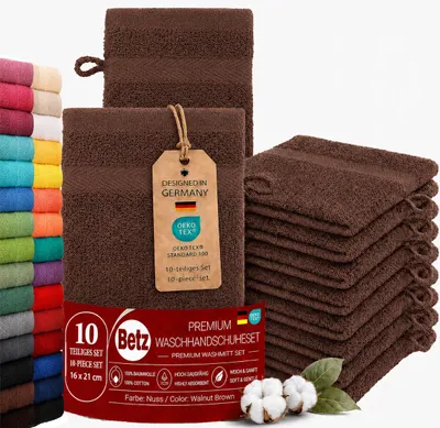Produktbild von Betz 10 Stück Waschhandschuhe 16x21 cm PREMIUM 100% Baumwolle  Farbe: nussbraun