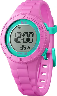 A close-up studio shot of a pink digital watch with teal accents.
