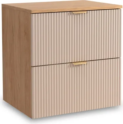 A product shot of a two-drawer cabinet with a wooden top and wood-grain sides, and ribbed beige drawer fronts with gold handles.