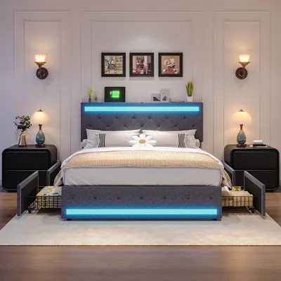 Immagine prodotto di Letto imbottito INONEFT 140x200 cm con LED e porte USB/Type-C, letto matrimoniale con poggiatesta regolabile in altezza, letto contenitore con rete a doghe e 4 cassetti, tessuto in lino