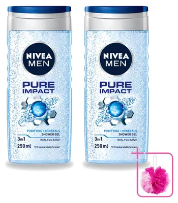 Produktbild von 2 x Nivea Men Douchegel Pure Impact 3-in-1 - 250 ml - Sparpackung - 2 Stücke