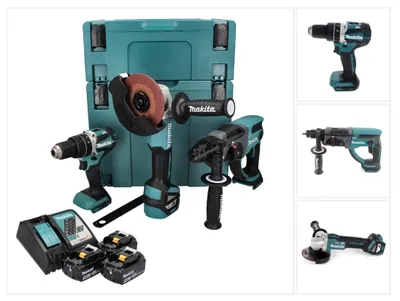 Produktbild von Makita DLX3093TJ Akku-Set, Schlagbohrschrauber Winkelschleifer Bohrhammer, 18V Li-Ion, 3 Akkus, Schnellladegerät, kompakt und ergonomisch, 5,0 Ah