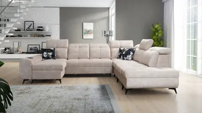 Produktbild von XXL Sofa Große Wohnlandschaft Couch in U-Form GOLD X Farbe Beige Stoff WAVE 2 Ottomane Links IM Sofa