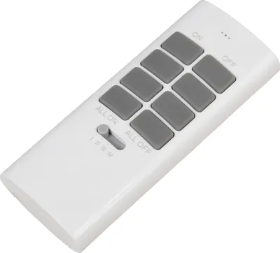 A white remote control with gray buttons on a white background.