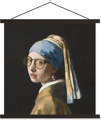 Produktbild von MuchoWow® Textilposter Das Mädchen mit dem Perlenohrring - Vermeer - Brillen 120x120 cm mit schwarzem Rahmen - Aufhängungsset
