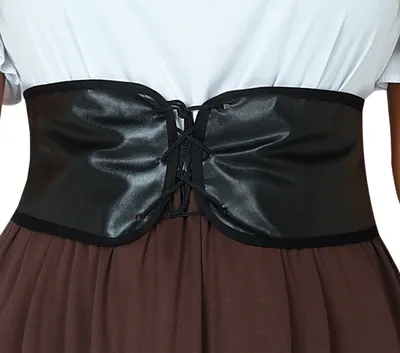 Close-up of a woman wearing a medieval-style costume, focusing on the corset and skirt.