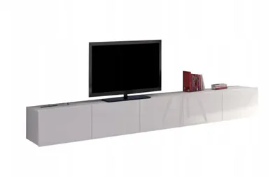 Zdjęcie produktu dla Szafka RTV CALARI, biały połysk, 250 cm – nowoczesność, funkcjonalność i elegancja w jednym