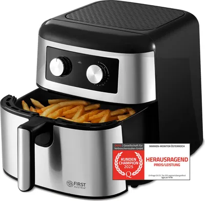 A black and silver air fryer filled with french fries, shown on a white background with marketing badges.