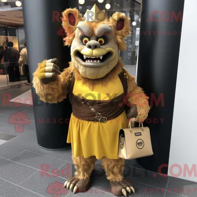 Produktbild von Maskottchencharakter REDBROKOLY eines Goldogers mit Rock und Handtaschen