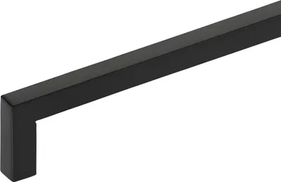 A close-up, angled shot of a matte black cabinet pull on a white background.