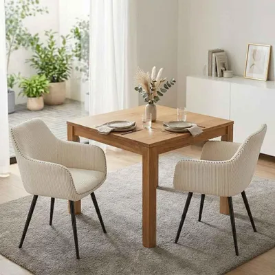 Produktbild von AIORBER Esszimmerstuhl Polsterstuhl mit Armlehne Bequemer Küchenstuhl aus Cord Belastbarer Wohnzimmerstuhl Design Polstersessel mit Metalldekor Creme