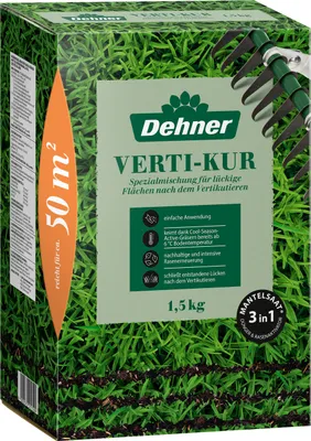 Produktbild von Dehner Saatgut Rasen Verti-Kur, Komplettlösung aus Rasensamen / Dünger / Keimsubstrat zur Regeneration nach dem Vertikutieren, mit Mantelsaat für optimale Keimung, FSC-e Verpackung, 1.5 kg für ca. 50 m²