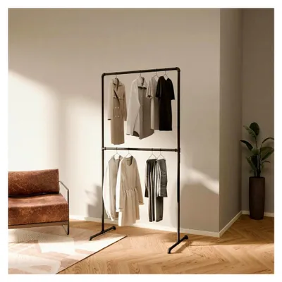 Produktbild von Kleiderständer Schwarz – Freistehende Kleiderstange im Industrial Design 99 x 194 cm – Offener Kleiderschrank & Garderobenständer aus Metall für Schlafzimmer, Flur & Ankleidezimmer