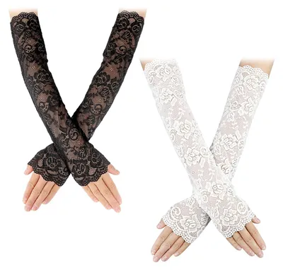 Produktbild von Fingerlose Damenhandschuhe aus Spitze - 2 Paar lange Blütenhandschuhe - Hochzeithandschuhe für Frauen