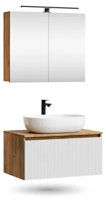 Produktbild von ARISA Badmöbel Set in Weiß Geriffelt - Mit Spiegelschrank "ARIA" und weißem Keramik-Aufsatzwaschbecken 60 cm