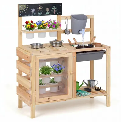 Image de COSTWAY - Cuisine jouet pour enfants, cuisine d'extérieur avec cuisinière, évier, réservoir d'eau, pots de fleurs et tableau noir, cuisine de jardin en bois pour enfants à partir de 3 ans