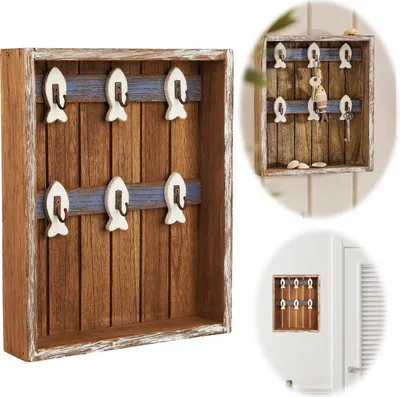 Produktbild von LS-LebenStil Vintage Holz Schlüsselkasten Grau Weiß 28x20cm mit 6 Haken Maritim Schlüsselbrett Schlüsselbox Schlüsselanhänger