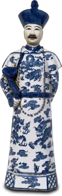 Produktbild von Handbemalte chinesische Porzellanfigur eines Kaisers mit Schlange – Blau-weiße Dekorationsstatue, 43 cm