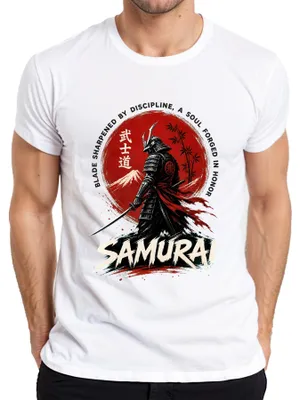 Immagine prodotto di Maglietta da uomo, bianca, taglia 3XL, con stampa che raffigura samurai, bushido, Giappone, katana, guerriero, Fuji, sole, stile retrò, ispirazione anni 2000, ronin