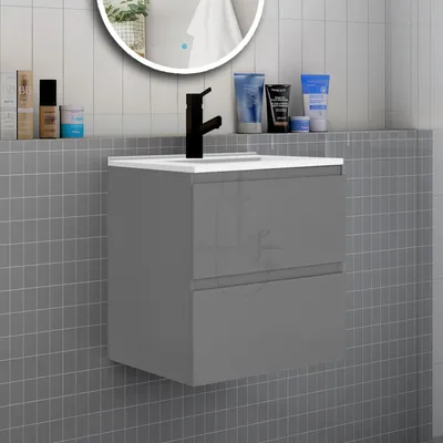 Produktbild von Badmöbel Set HUTI-Serie 60cm Dünn Keramik Waschbecken mit Unterschrank Badezimmermöbel mit 2 Schubladen Hochglanz Dunkelgrau Hängeschrank