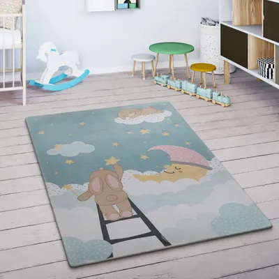 Produktbild von Kinderteppich Kinderzimmer Teppich Spielmatte Sterne Wolken Mond Hase Türkis Creme Grösse 80x150 cm