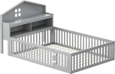 Produktbild von Kinderbett 140x200cm Ohne Matratze Weiss Massivholz Mit Hausleiste Einlegeboeden Stauraum Schutzgitter Tuer Bilderleiste Lattenrost