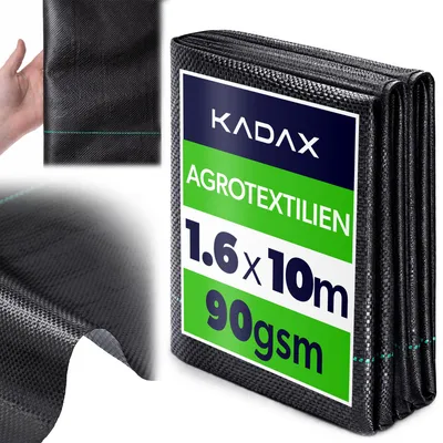 Produktbild von KADAX Unkrautvlies 1.6 x 10 m, 90g/m², reißfeste Gartenfolie aus Polypropylen, wasserdurchlässiges Gartenvlies zur effektiven Unkrautbekämpfung, Pflanzfolie (Schwarz)