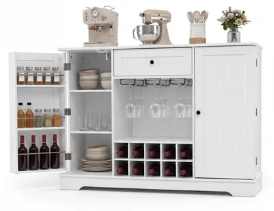 Image de Buffet COSTWAY avec étagère à vin et porte-verres, dimensions 120 x 40 x 83 cm, meuble de cuisine en panneaux de particules avec tiroir, compartiment ouvert et étagères