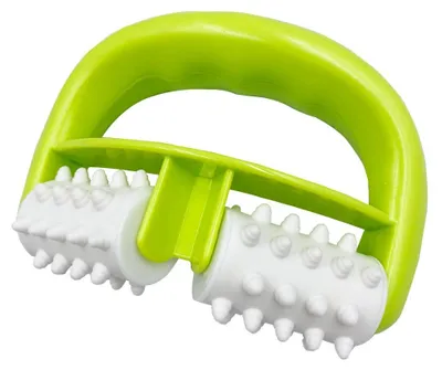 Productafbeelding van Handmatige massage roller, met een groene, tweewielige handgreep, voor spierontspanning